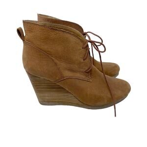 Lucky Brand Womens 8.5 Tan Suede Taheeti Lace Up Wedge Booties Leather Heel